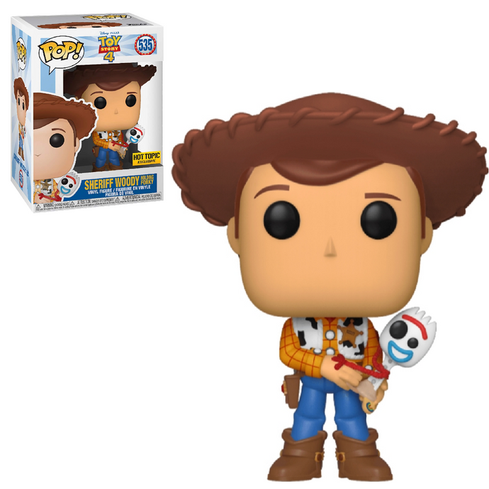 Sheriff Woody holding Forky